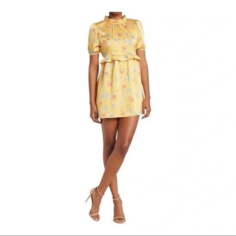 Velvet Torch Yellow Floral Mini Dress Ruffled Neck Elastic Puff Sleeve Size S